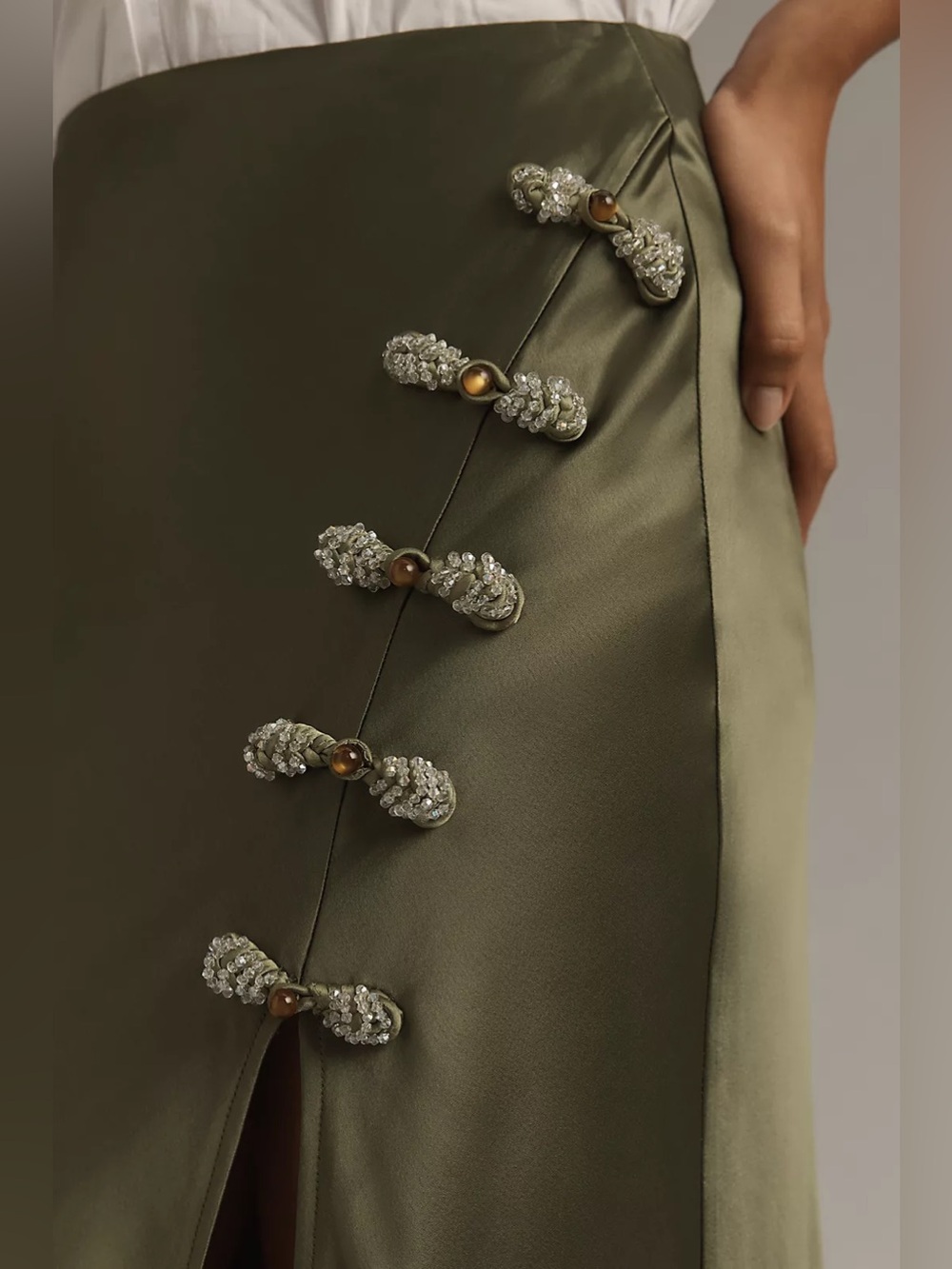Olive Satin Maxi Skirt with Side Slit and Knot Buttons - Picture 3 of 4